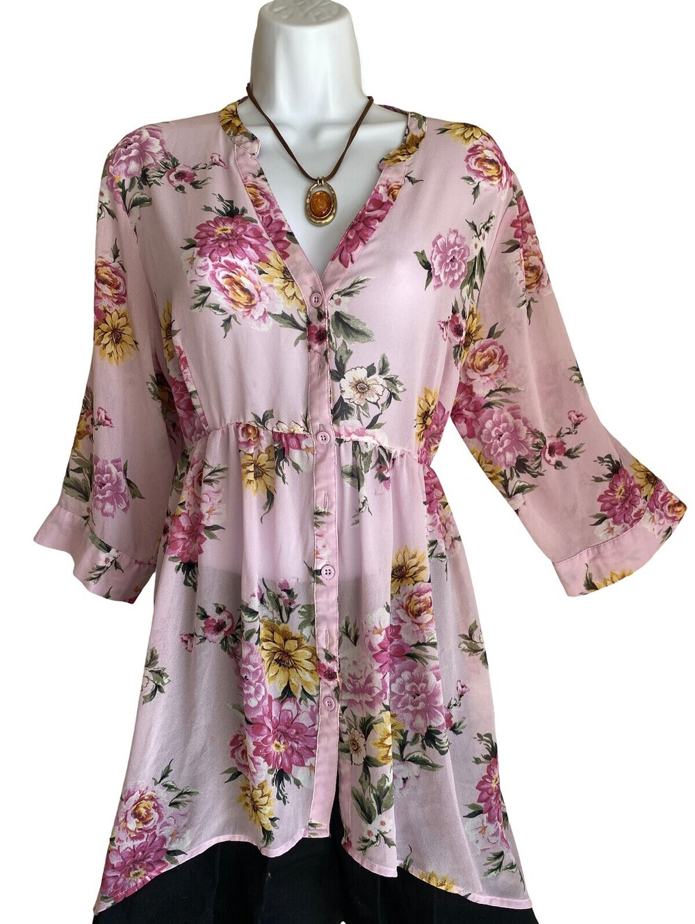 Vintage Torrid Plus 0X Pink Floral Babydoll Tunic Blouse Boho Cottagecore Fairy